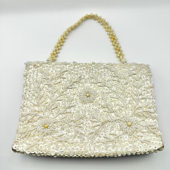 Vintage Ivory Silk Bead Sequin Front Flap Evening Bag Top Handle Strap Hong Kong - Picture 5 of 9